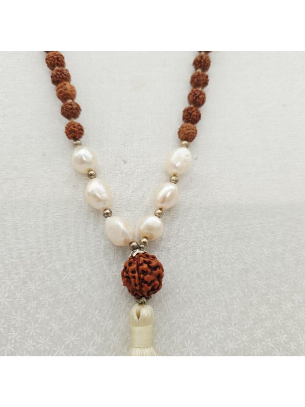Rudraksha & Freshwater Pearl Beaded Necklace With White Tassel Pendant 36" - Picture 3 of 7